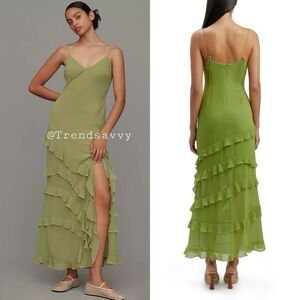 Anthropologie Bardot Cantara Green Ruffle Maxi Dress 4 NWT V Neck Tiered